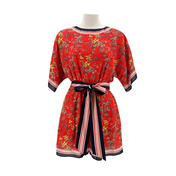 Alice + Olivia Red Fressia Blossom Bowie Striped Trim Floral Romper - Picture 1 of 4